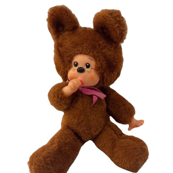 Vintage 1974 Monchhichi Female Thumb-Sucker Doll Pink Bow Japan 15" Plush - Picture 2 of 7